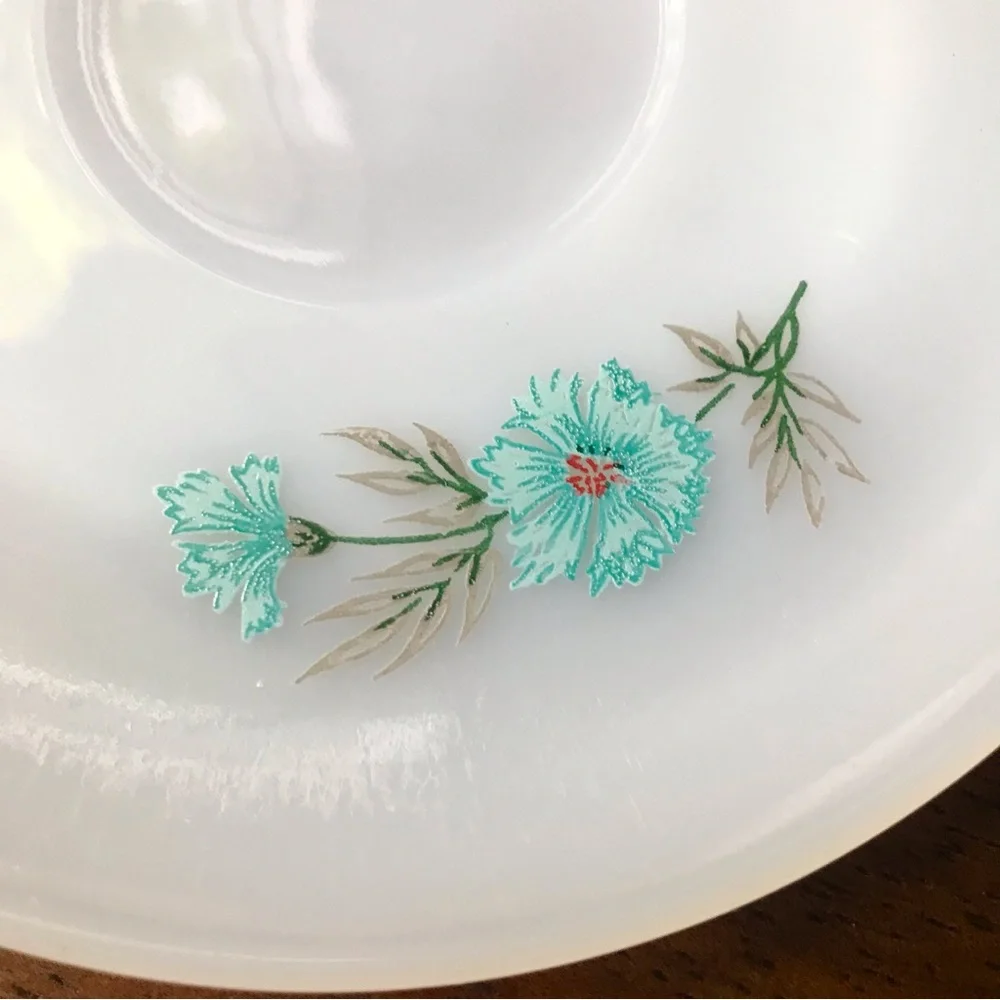 Vintage Fire King Oven Ware “Bonnie Blue” Carnation Set Of 4 Milk Glass Saucers